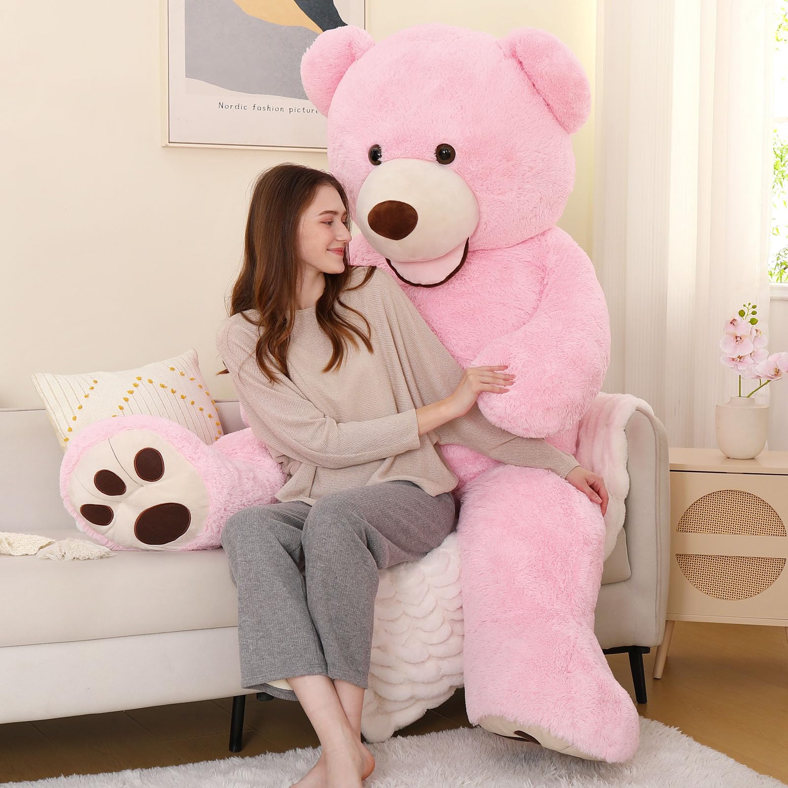 MorisMos giant 6ft pink teddy in living room for decor and ambiance