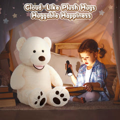 MorisMos beige giant teddy bear used as a comforting bedtime companion