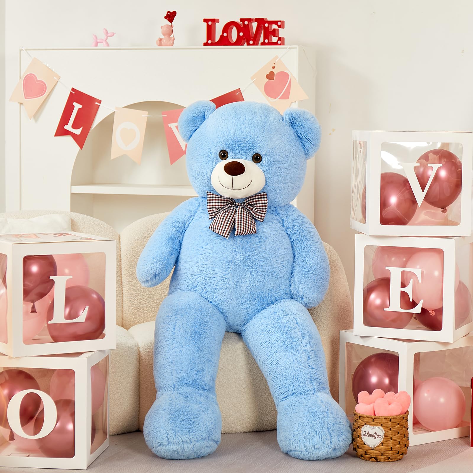 MorisMos giant teddy bear blue close-up shows butter-soft fur for comforting snuggles.