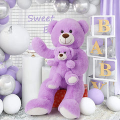 MorisMos giant teddy bear soft plush purple enhances cozy bedtime and room decor.