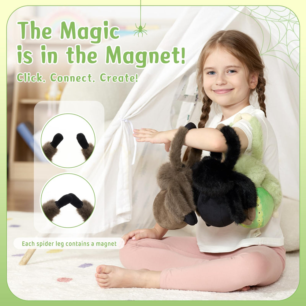MorisMos spider plush attached to metal surface by magnetic feet.