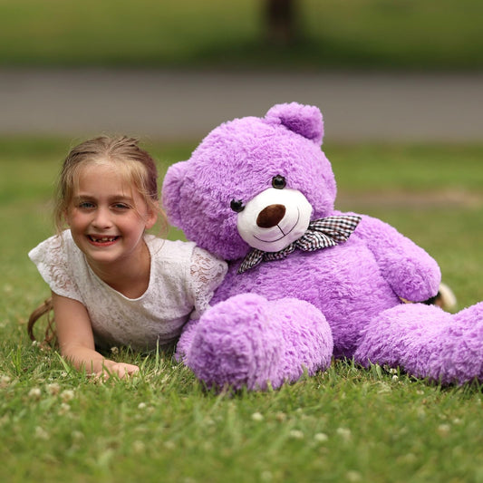 MorisMos purple teddy body close view highlighting soft plush for bedtime stories.
