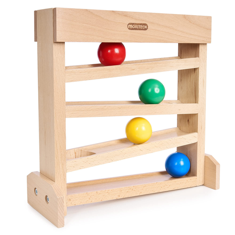 MORITECK Montessori Ball Drop Toy wooden ball tracker fostering hand-eye coordination in toddlers.