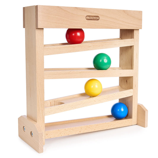 MORITECK Montessori Ball Drop Toy wooden ball tracker fostering hand-eye coordination in toddlers.