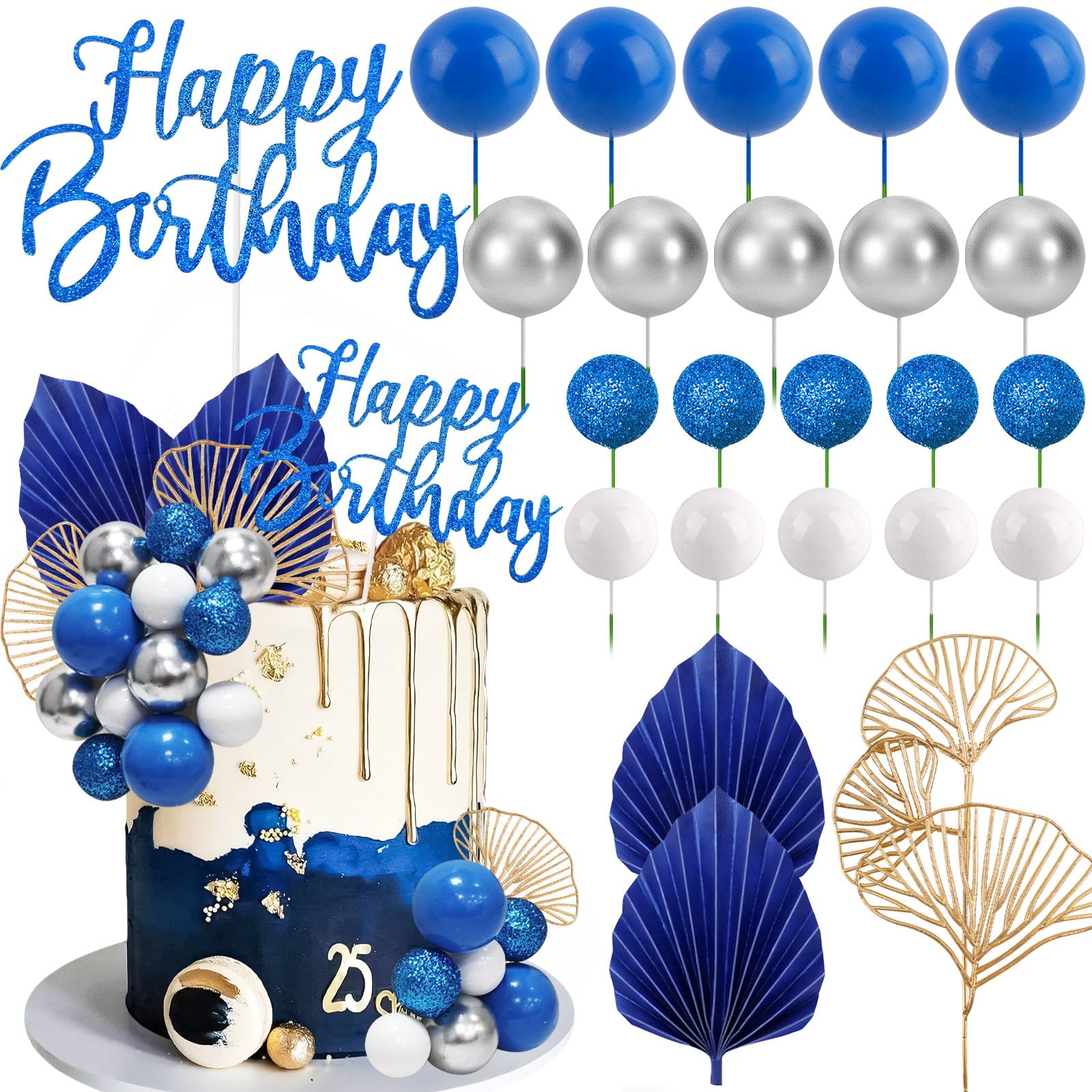 Morofme navy blue boho ball toppers add elegant texture to a birthday cake