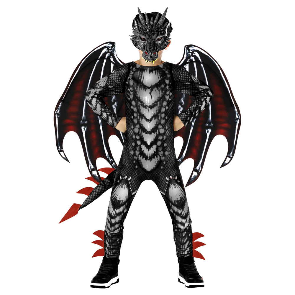 Morph black red dragon jumpsuit with scaled texture for an epic Halloween look