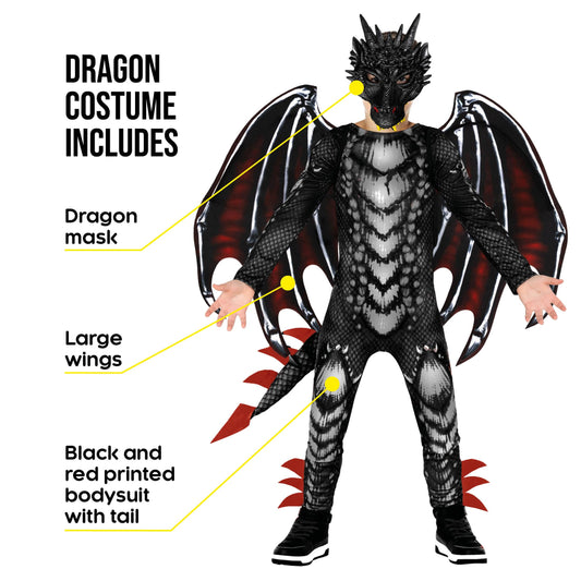 Morph dragon wings in red and black add dramatic flair to the kid costume