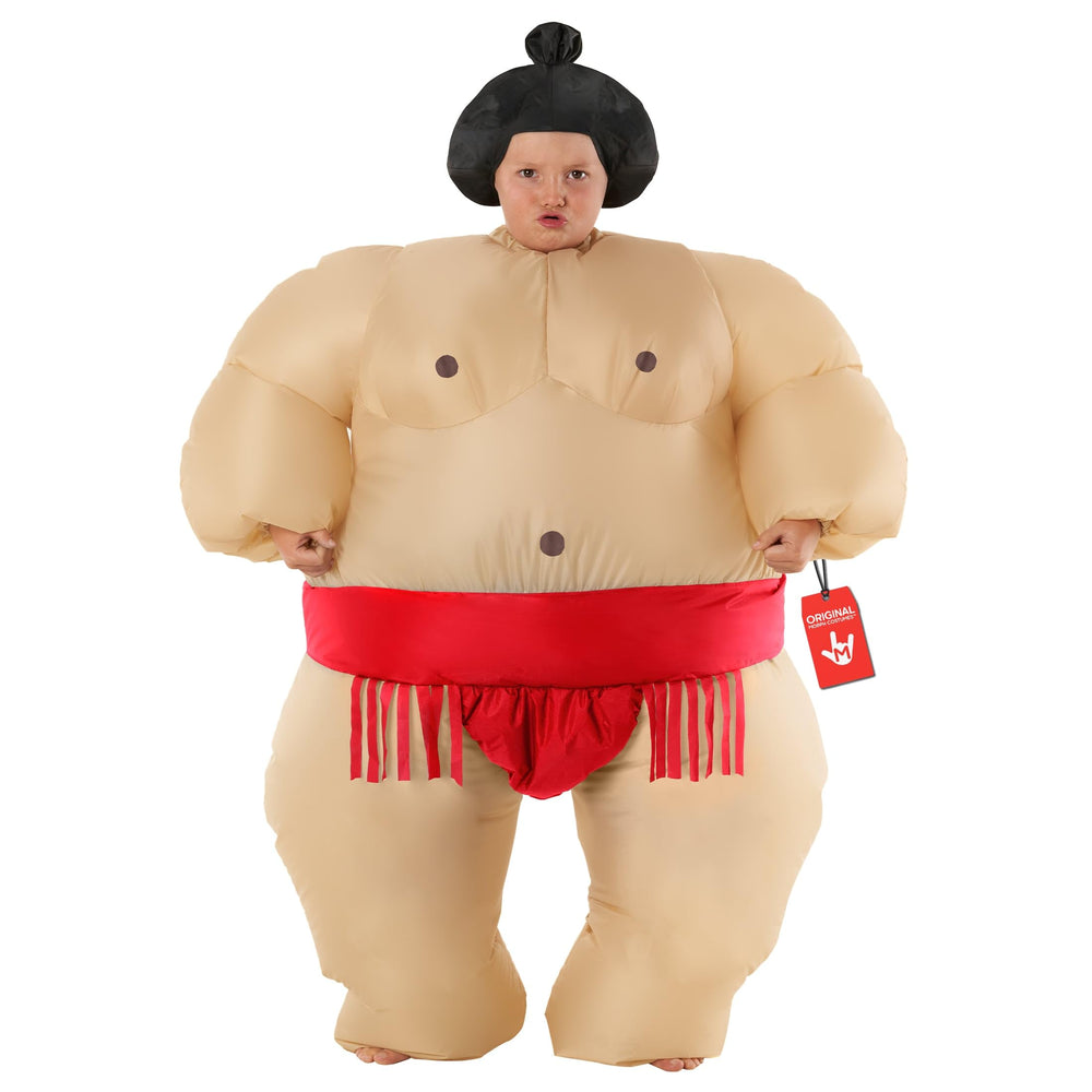 Morph inflatable sumo wrestler costume kids red, quick inflate for instant party laughter.