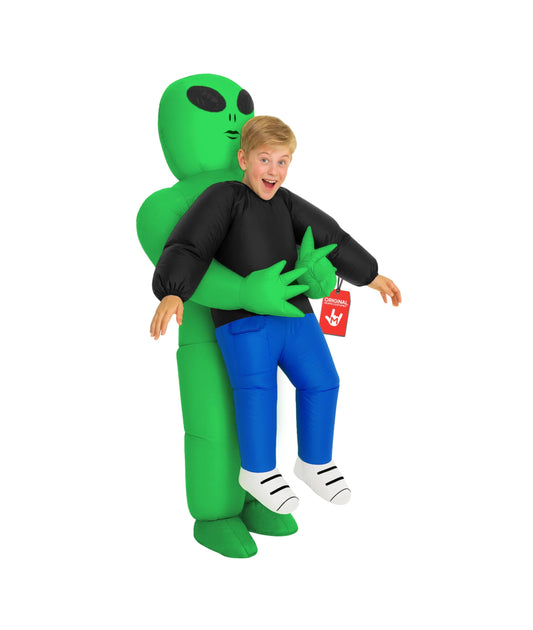 Morph Kids Alien Costume inflatable front view with built-in fan for quick setup