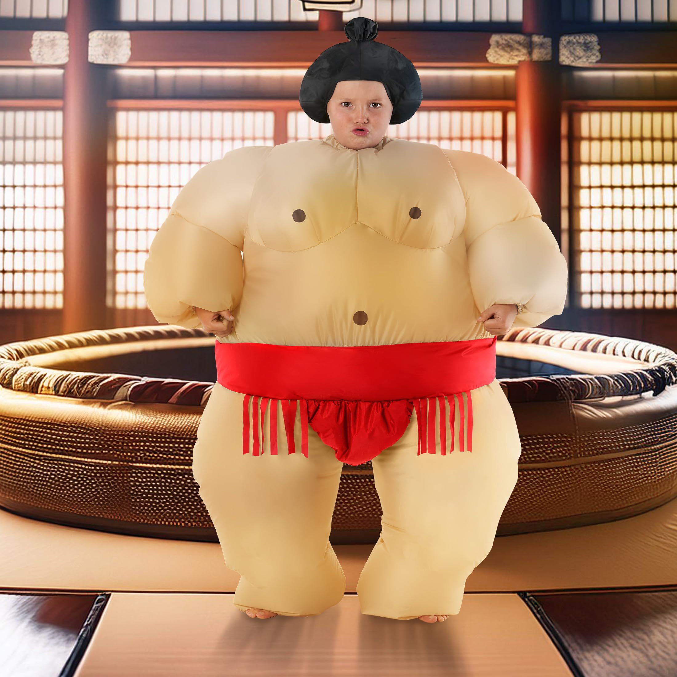 Morph kids sumo costume offers snug waist and ankle fit for active indoor play.