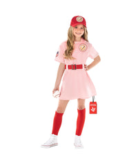 Morph pink baseball costume dress, front view, comfy fit for girls' play