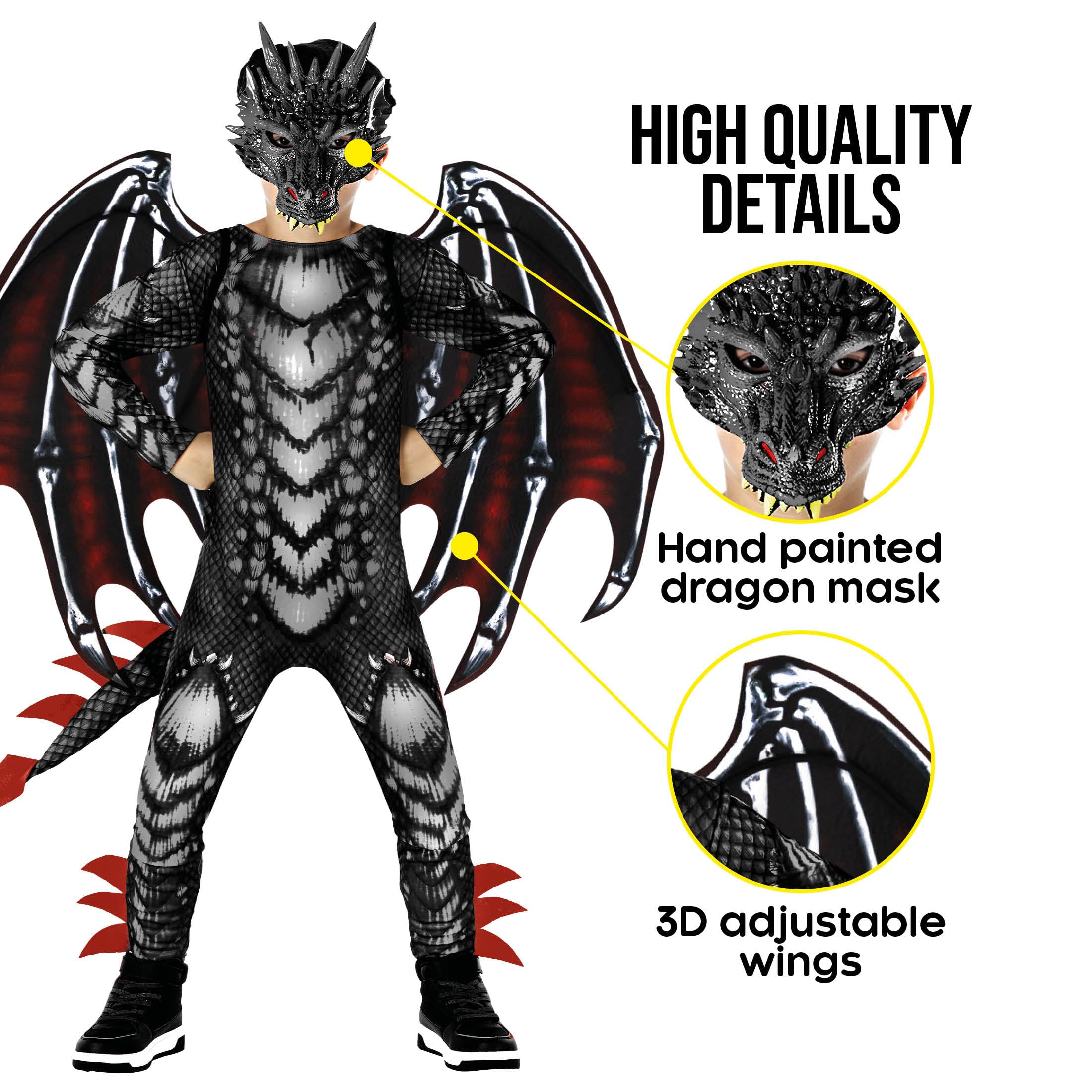 Morph spiked tail detail enhances the dragon costume's dynamic pose