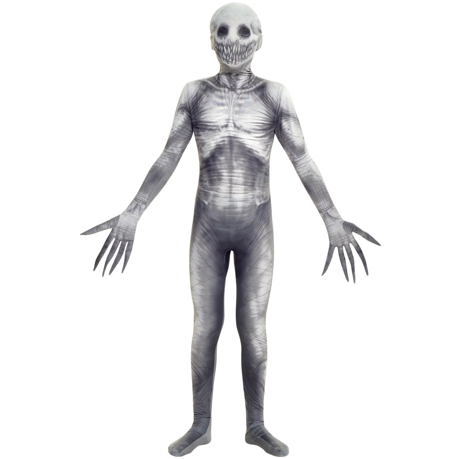 Morphsuits The Rake kids costume in a grey monster bodysuit for spooky Halloween fun