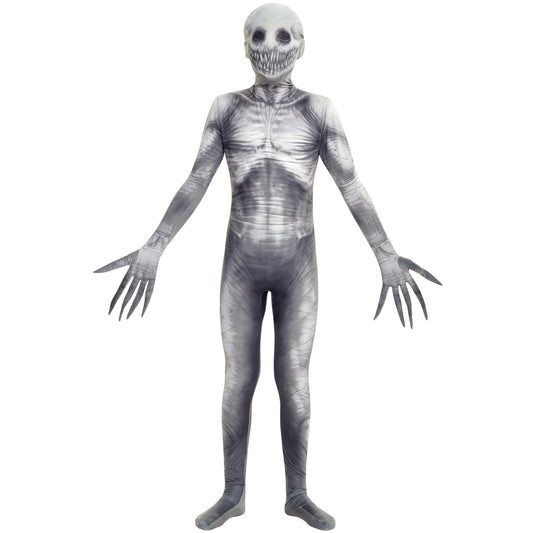 Morphsuits The Rake kids costume in a grey monster bodysuit for spooky Halloween fun