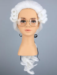 Morvally kids colonial judge wig, powdered white back view for authenticity
