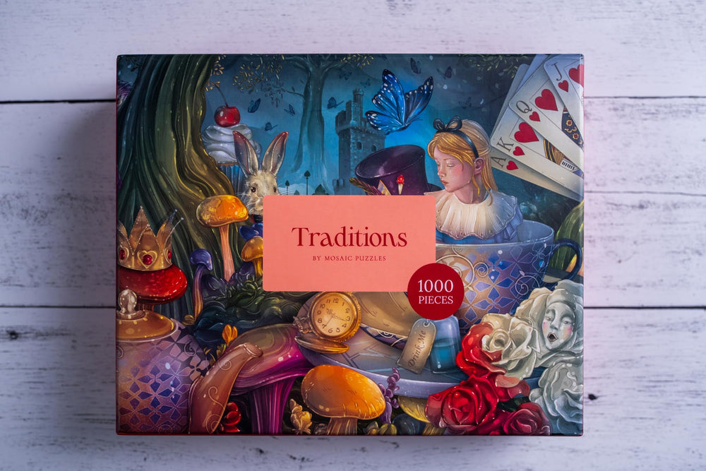 Mosaic Puzzles Through The Looking Glass gift-ready packaging signals a timeless tradition.
