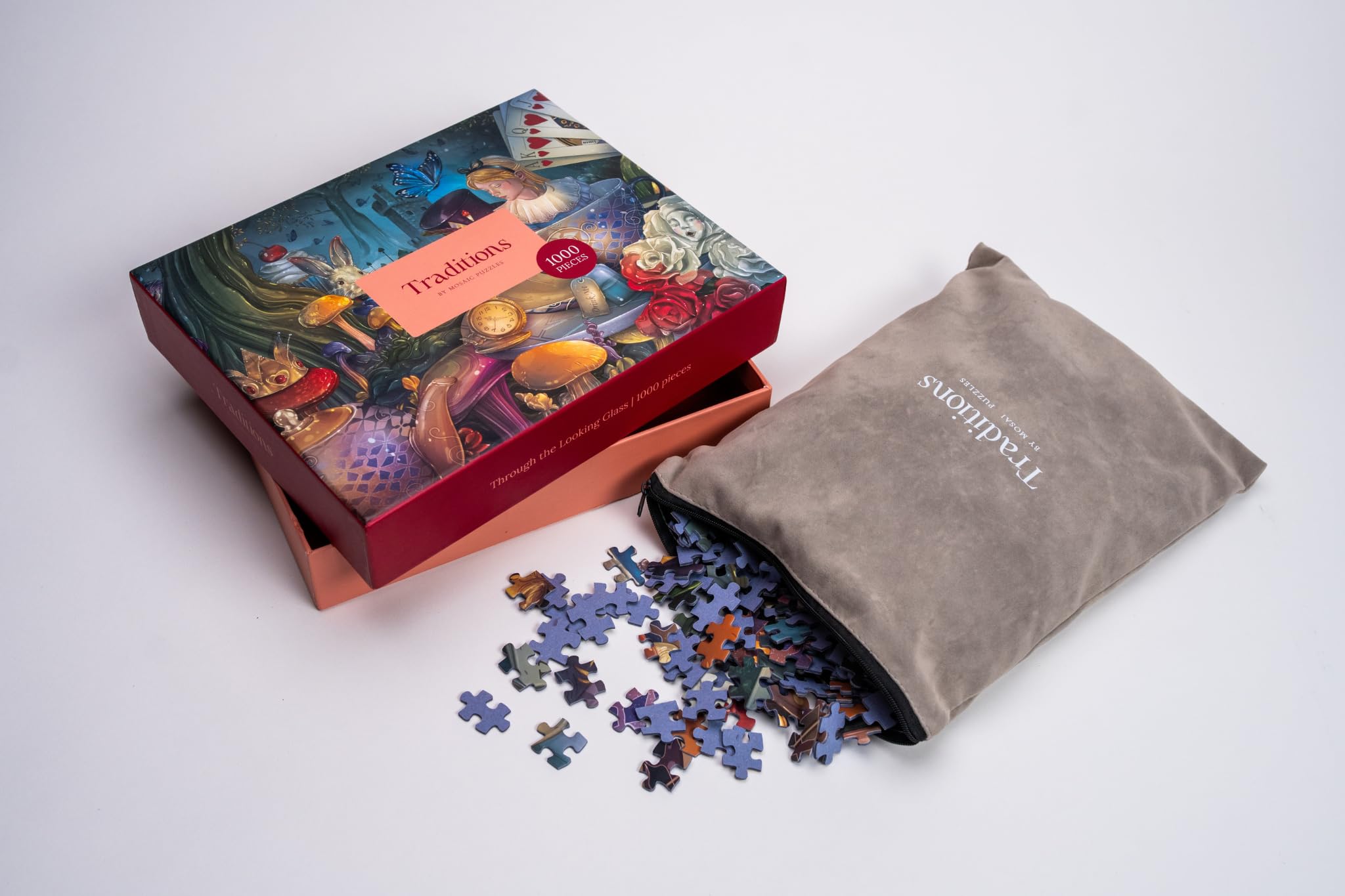 Mosaic Puzzles Through The Looking Glass box with velvet storage bag for travel.