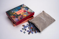 Mosaic Puzzles Through The Looking Glass box with velvet storage bag for travel.