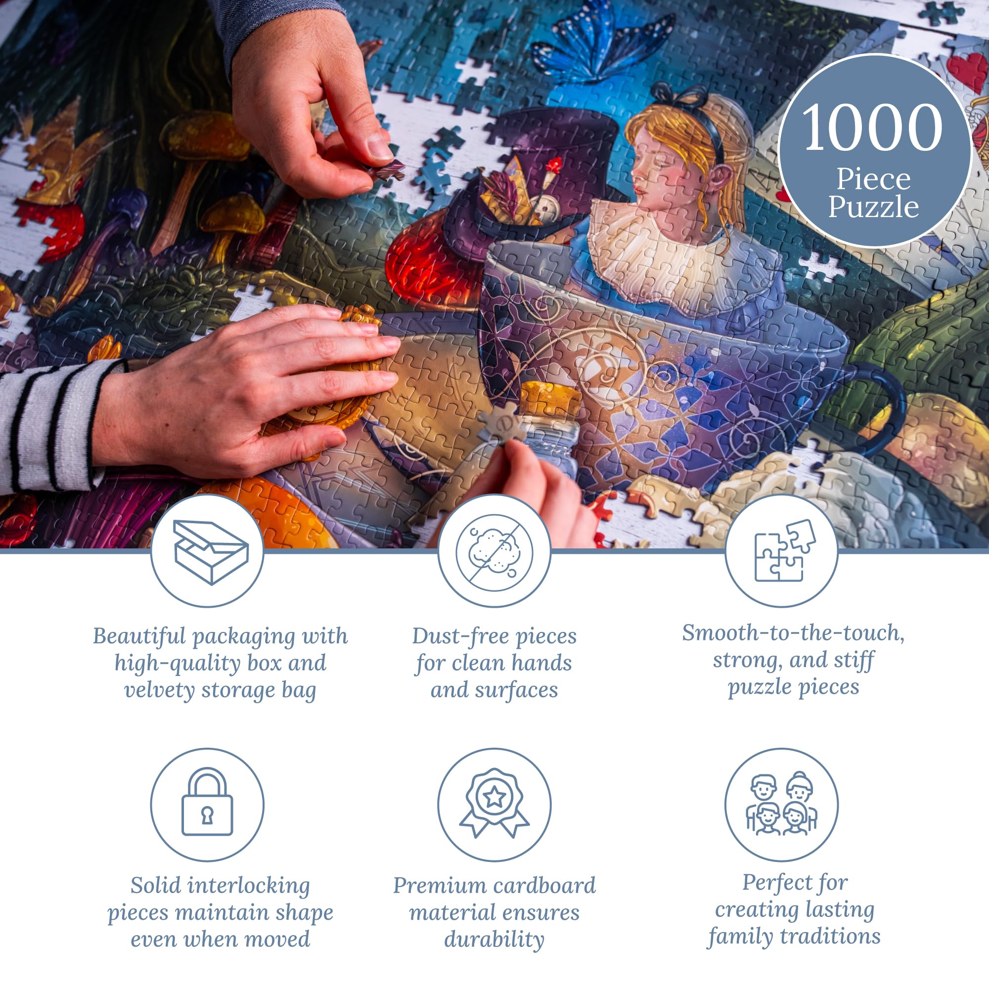 Mosaic Puzzles Through The Looking Glass on a table shows sturdy interlocking pieces.