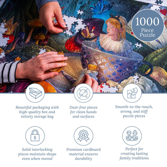 Mosaic Puzzles Through The Looking Glass on a table shows sturdy interlocking pieces.