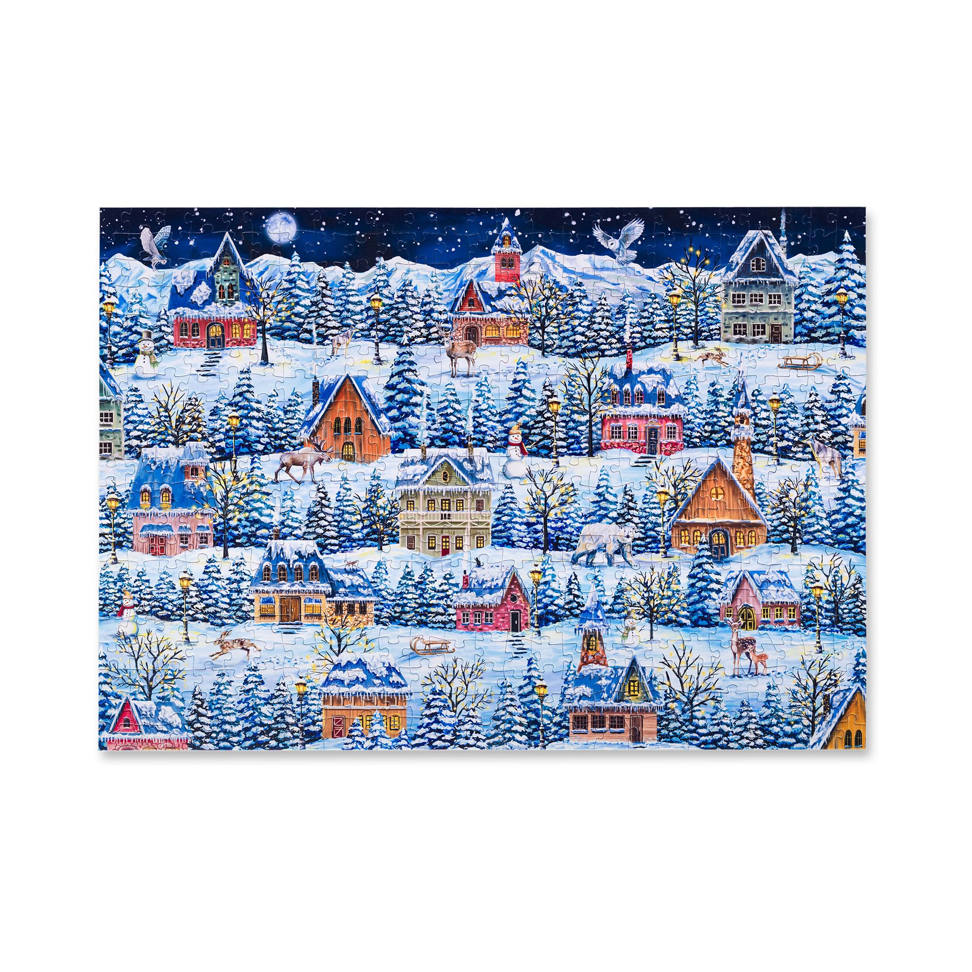 Mosaic Puzzles Winter Village Wanderers box front shows festive artwork for a cozy gift experience.