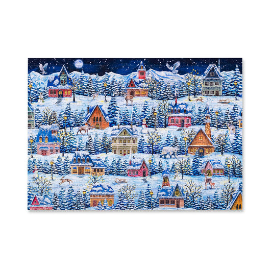 Mosaic Puzzles Winter Village Wanderers box front shows festive artwork for a cozy gift experience.