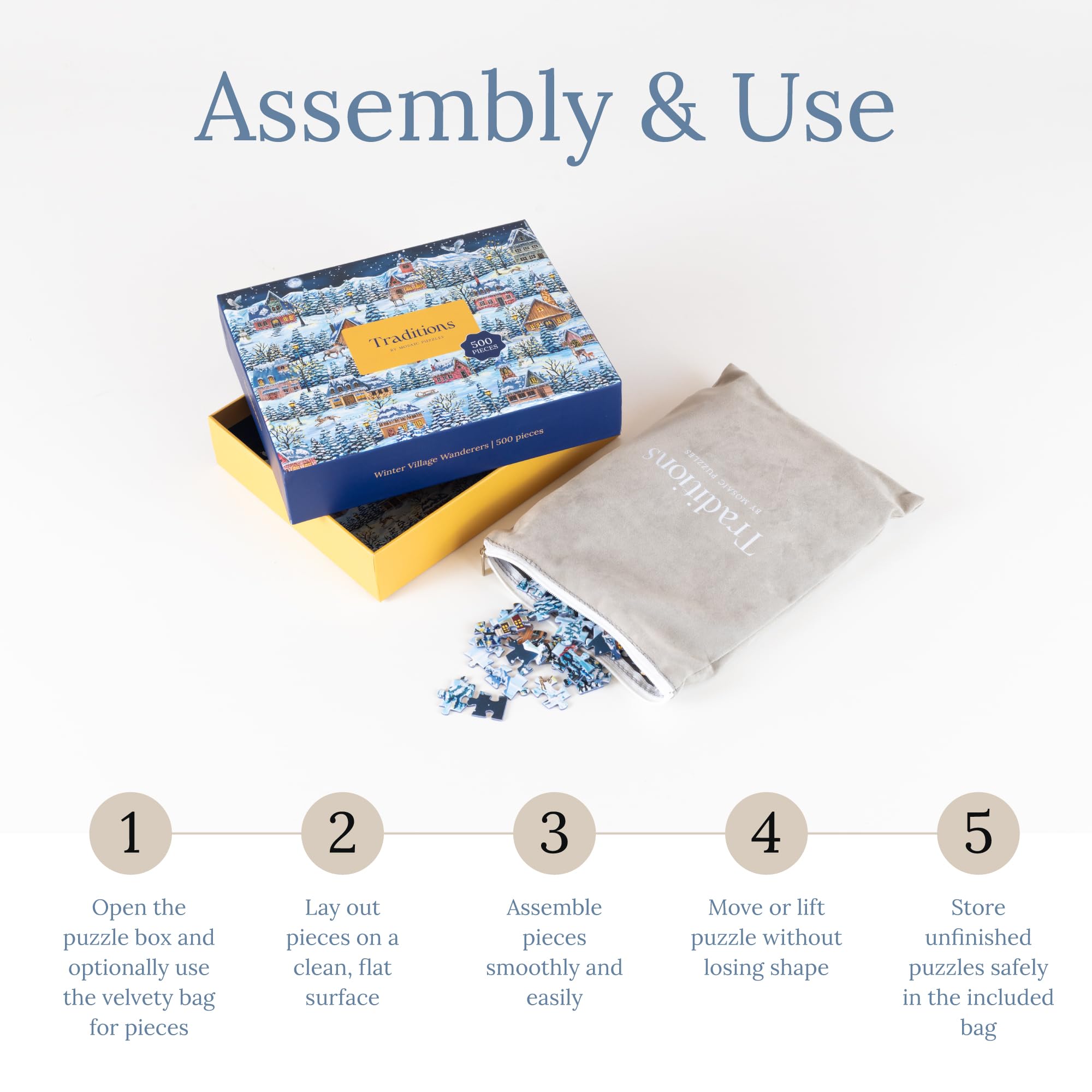 Mosaic Puzzles Winter Village Wanderers box storage bag included keeps puzzles secure during travel.