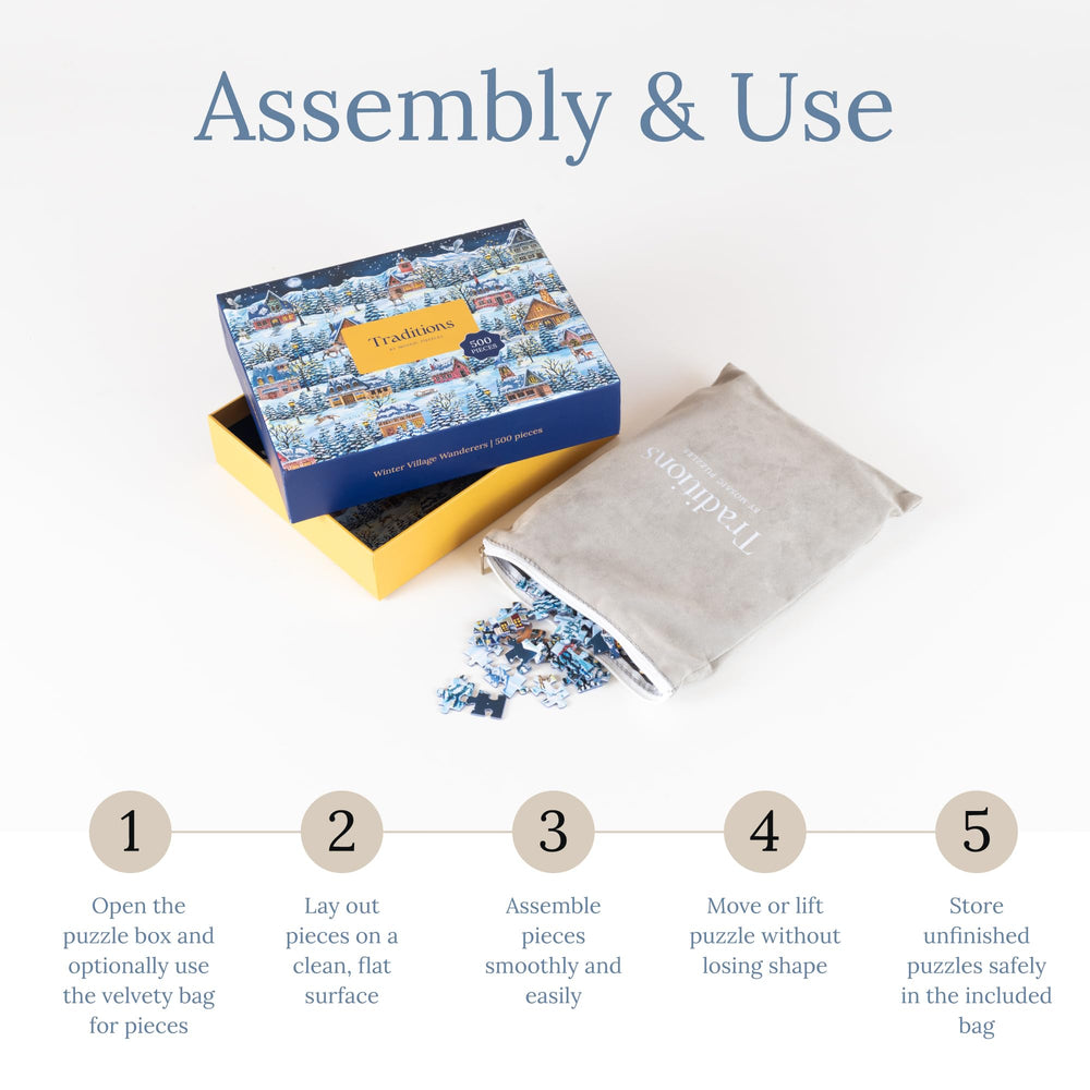 Mosaic Puzzles Winter Village Wanderers box storage bag included keeps puzzles secure during travel.