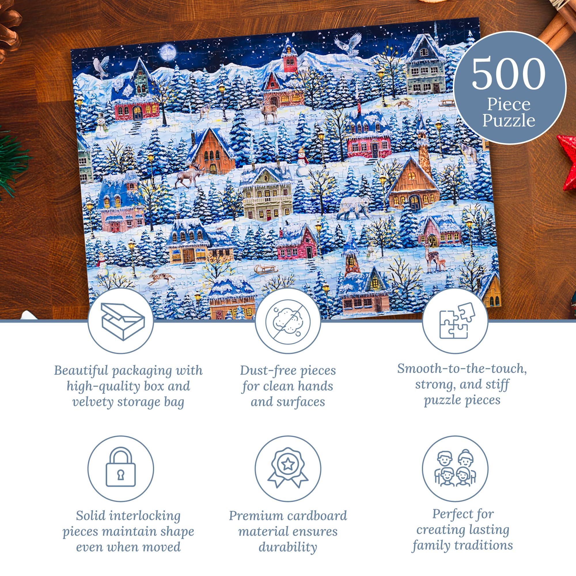 Mosaic Puzzles Winter Village Wanderers pieces closeup highlights precision cuts for satisfying interlocks.