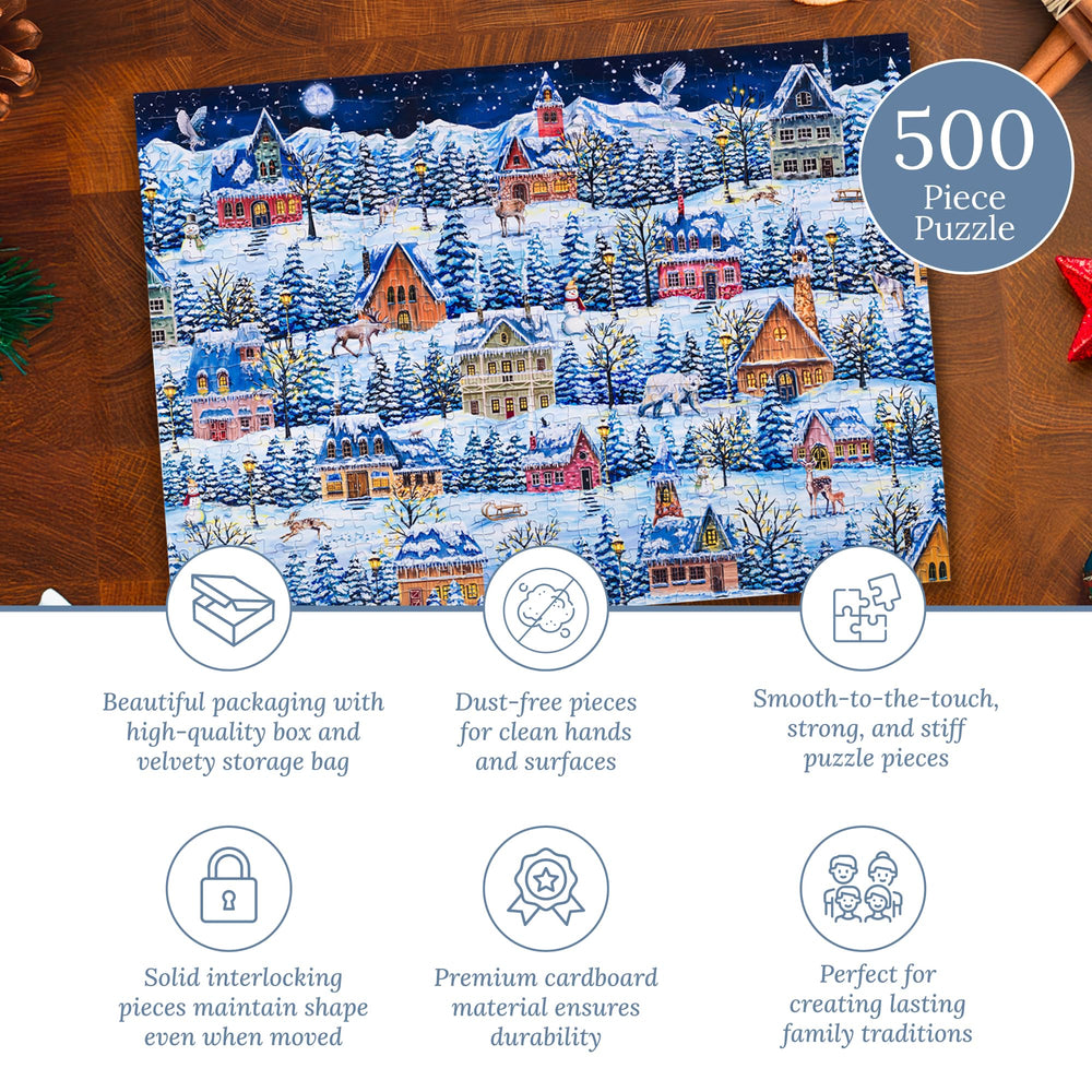 Mosaic Puzzles Winter Village Wanderers pieces closeup highlights precision cuts for satisfying interlocks.
