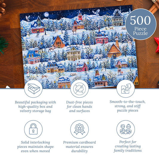 Mosaic Puzzles Winter Village Wanderers pieces closeup highlights precision cuts for satisfying interlocks.