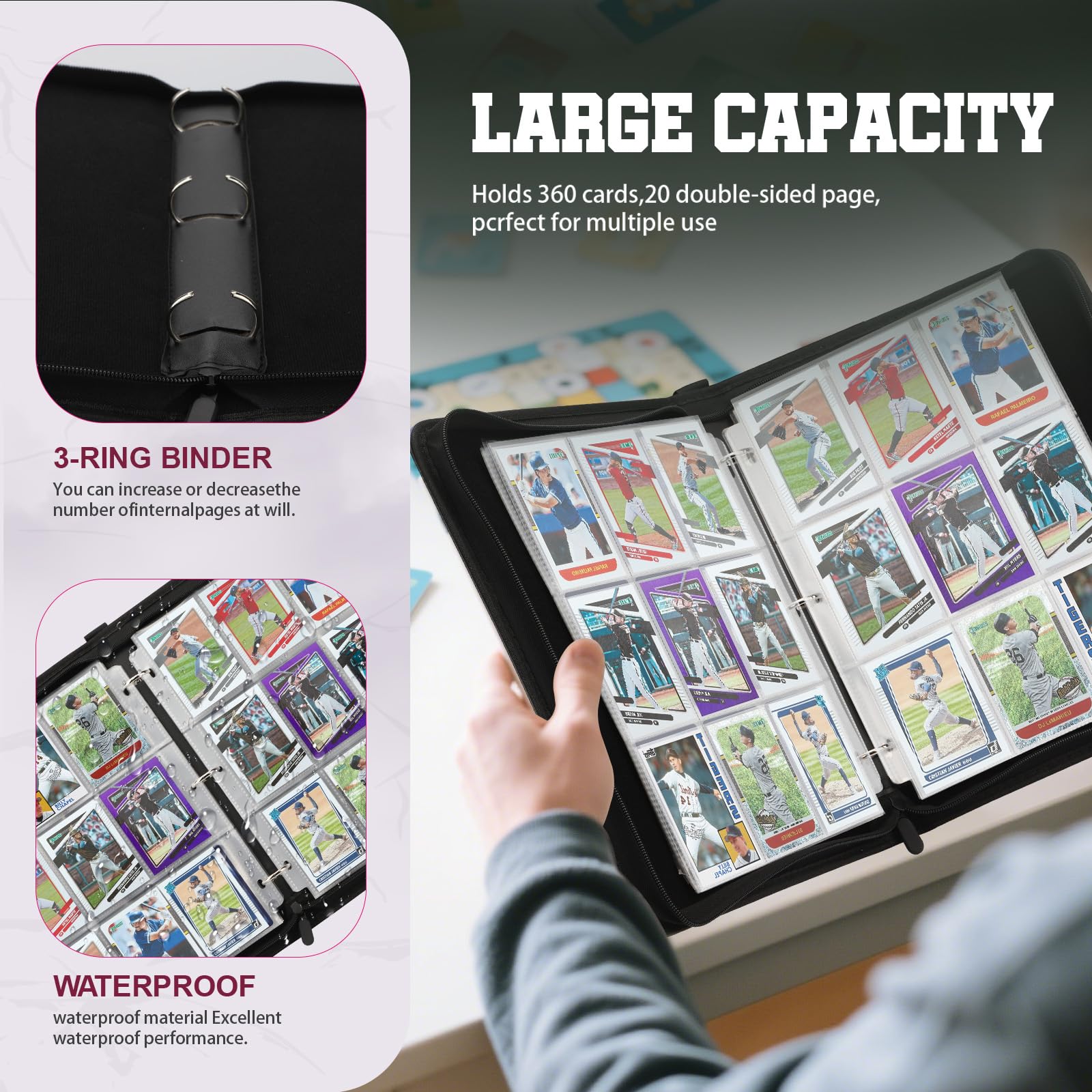 3-ring binding with visible sleeves enhances organization and expansion.
