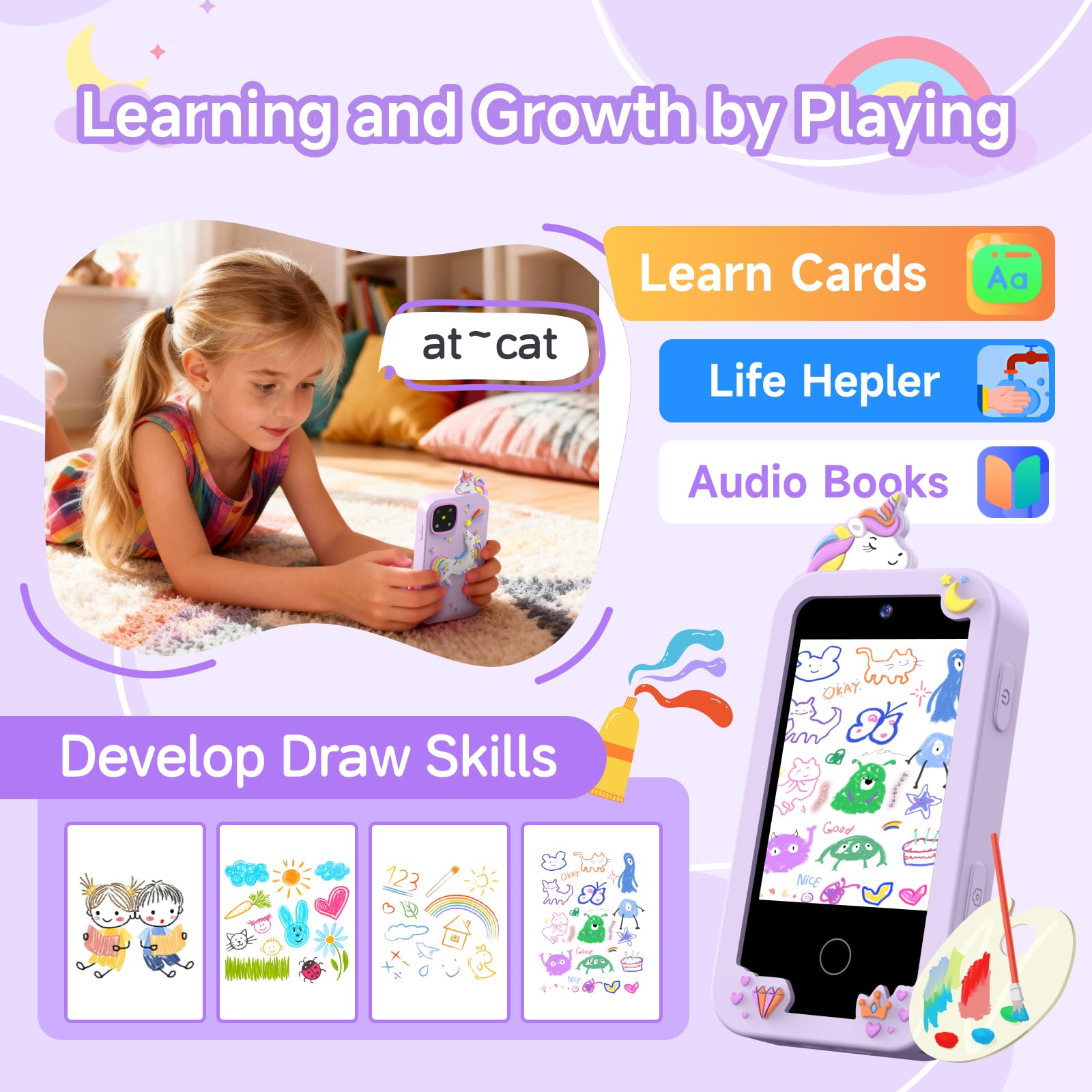 MOTCTQVD kids phone with audiobooks and music for calm moments