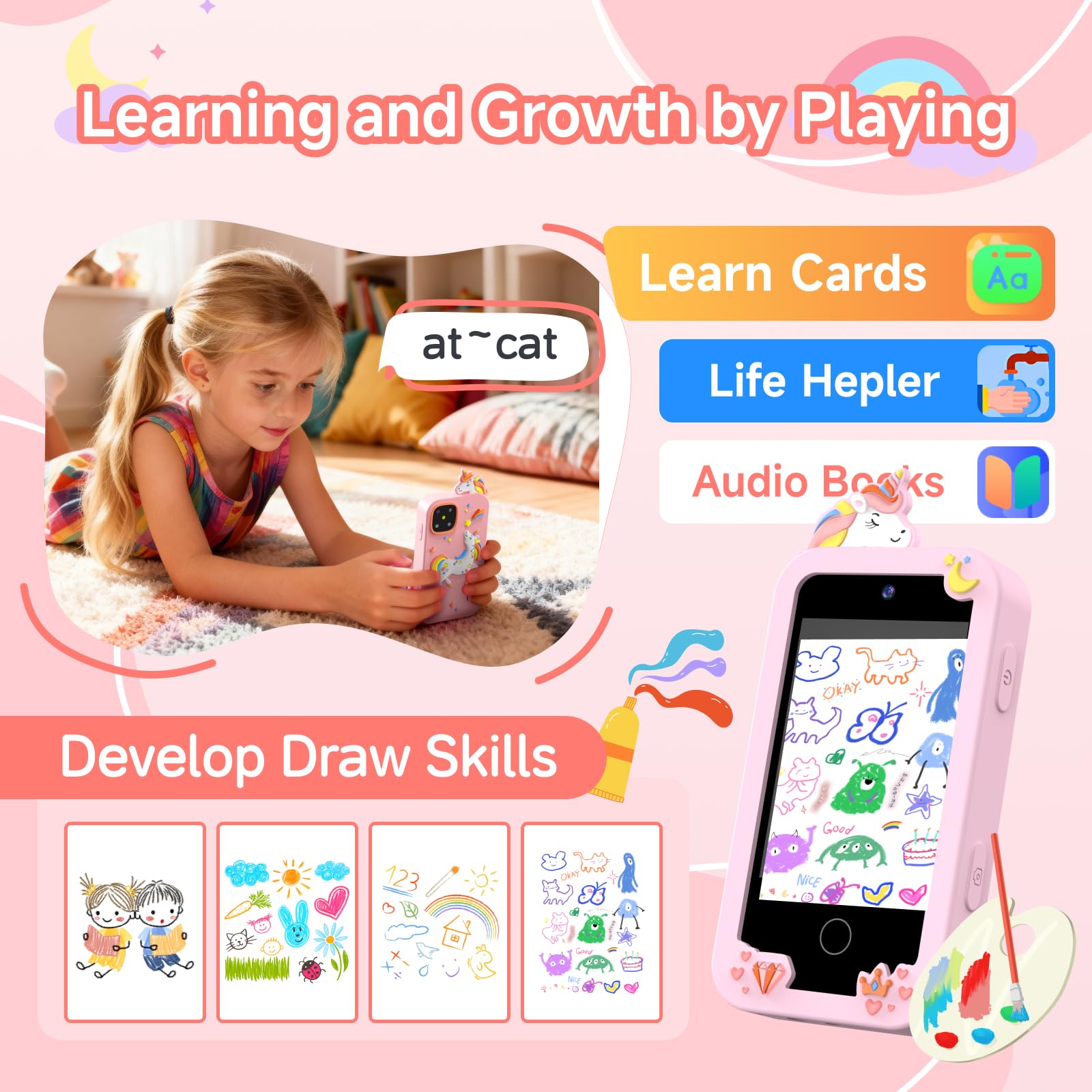 MOTCTQVD Kids Phone built-in music player for soothing listening.