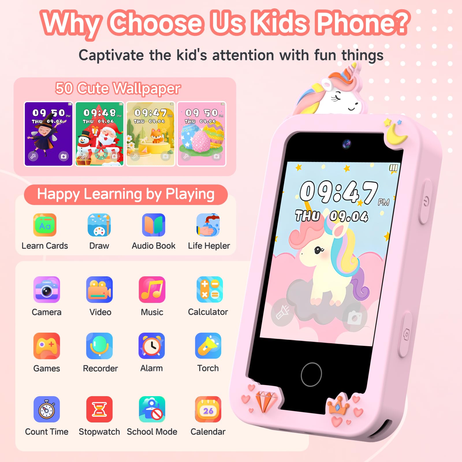 MOTCTQVD Kids Phone rear camera captures playful moments and memories.