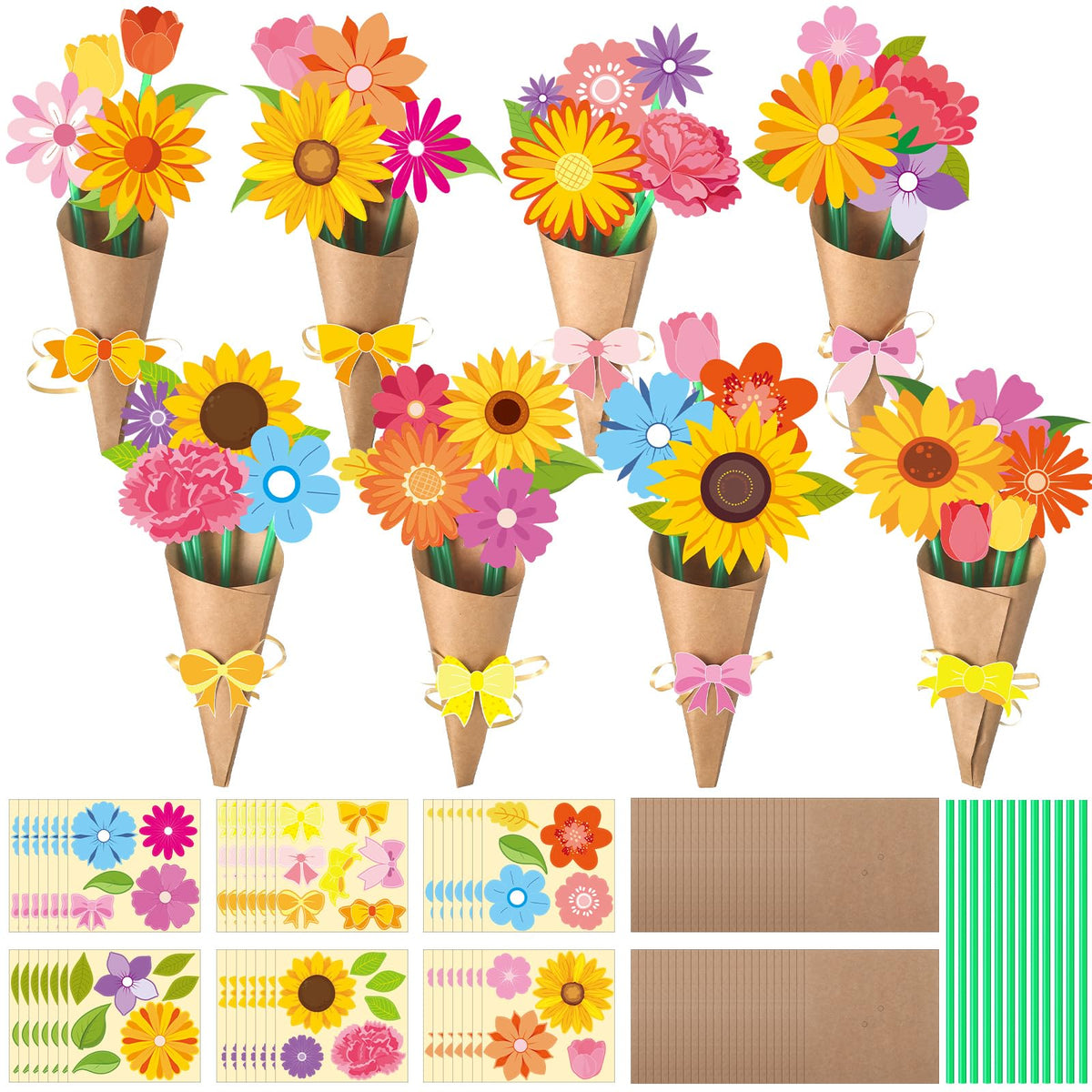 Motipuns flower bouquet cards ready for DIY gifting and classroom projects.