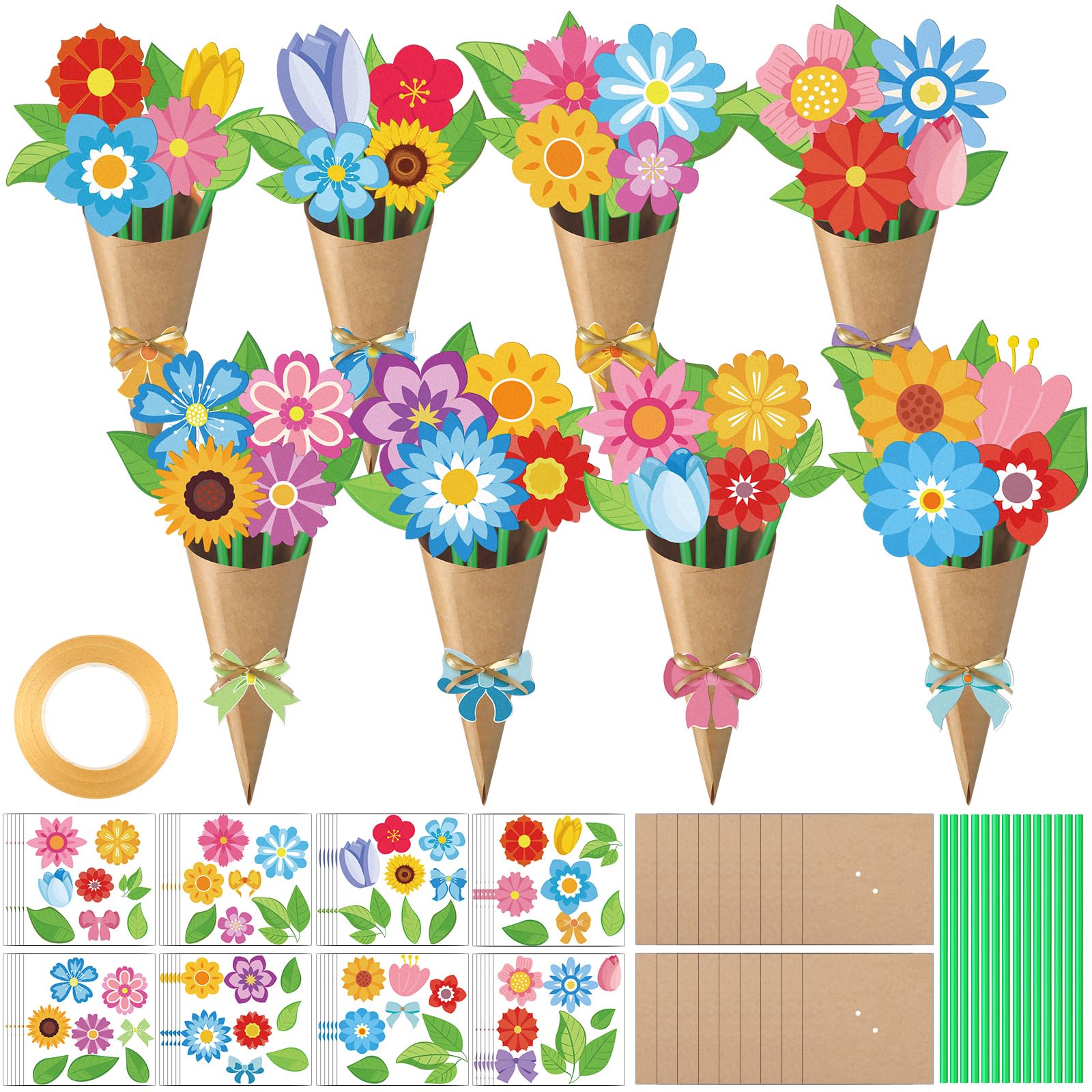 Motipuns 48-set spring bouquet flower cards for DIY gifting and displays.