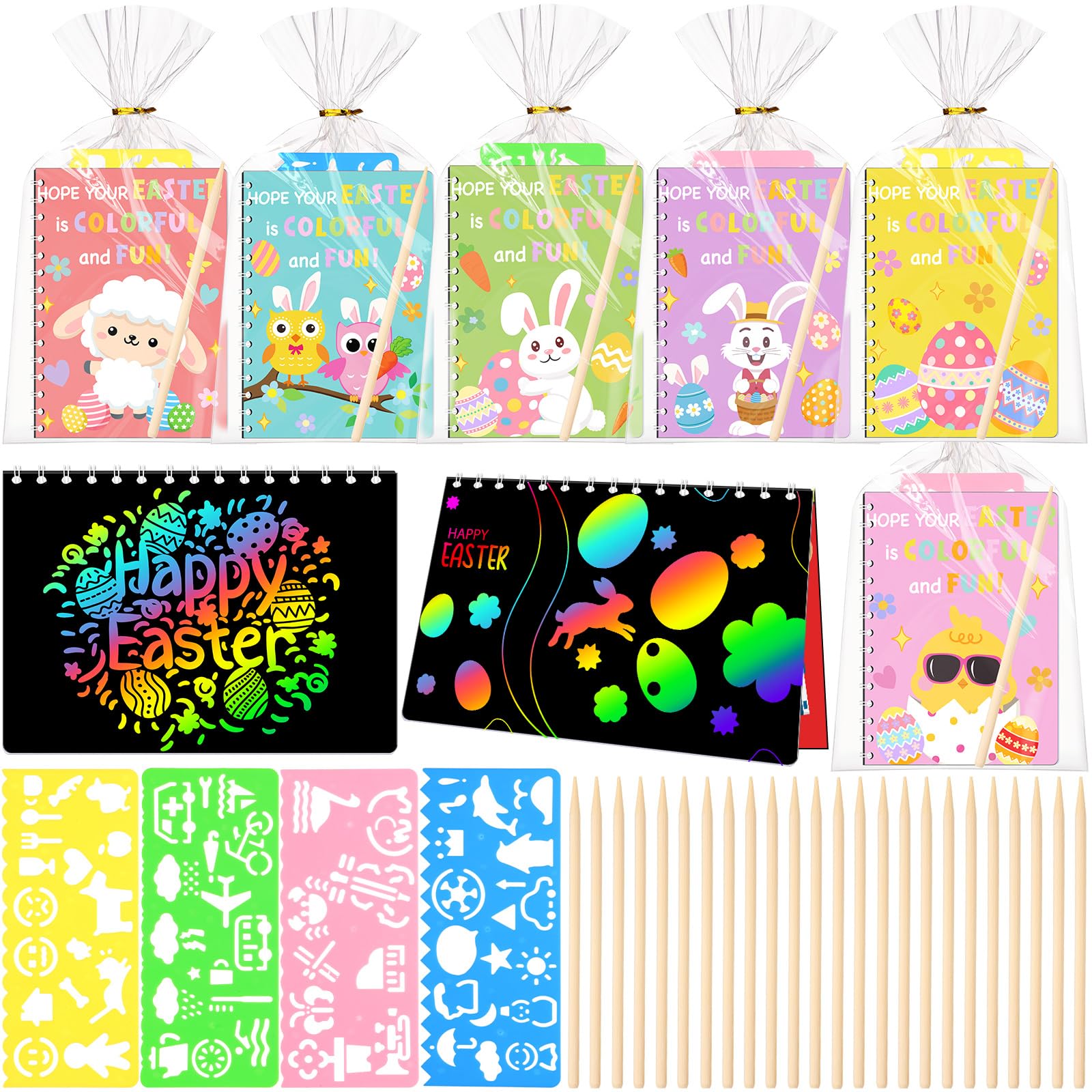 Motipuns Easter scratch notebooks reveal rainbow colors for creative play.