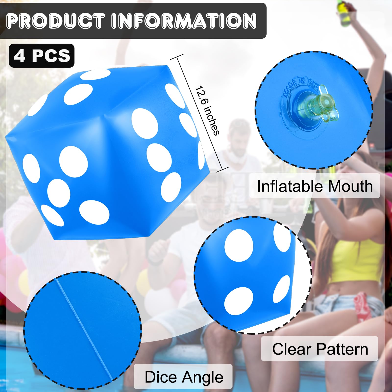 Mototo 12.6 inch blue inflatable dice with white dots for poolside games