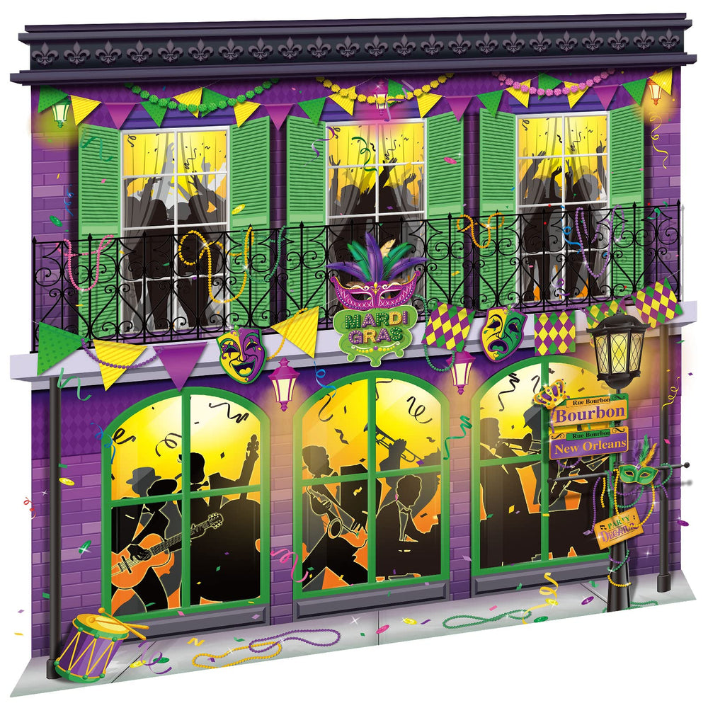 Moukeren Mardi Gras backdrop showcasing street scene for selfie-worthy party photos.