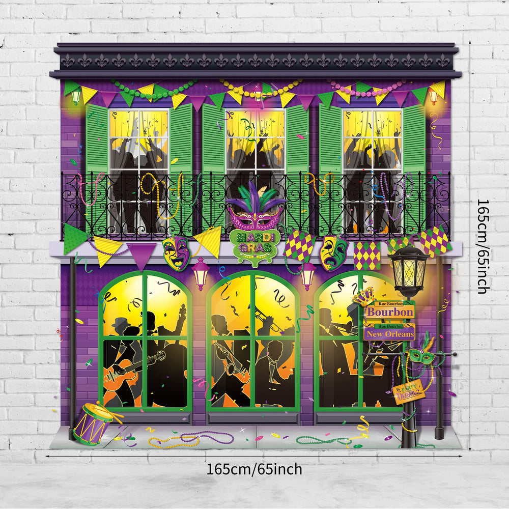 Moukeren Mardi Gras backdrop with crown and mask design for festive portraits.
