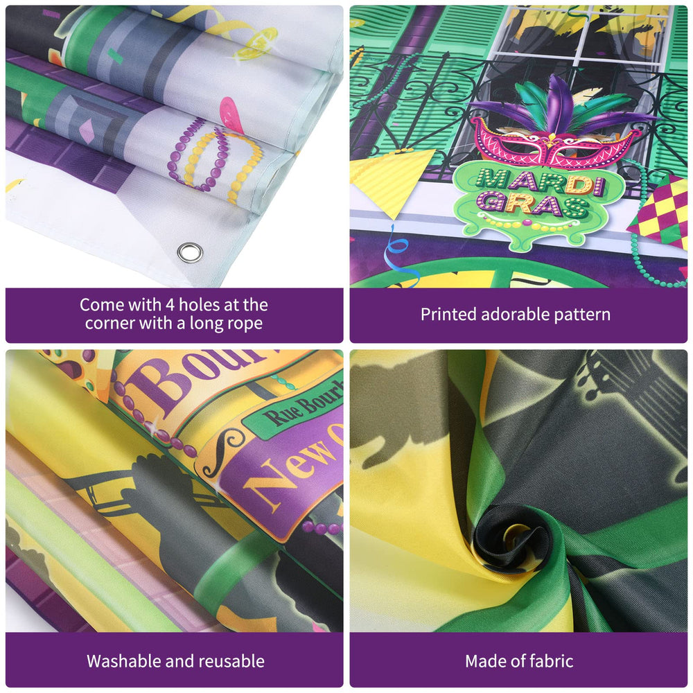 Moukeren Mardi Gras banner featuring street sign art for immersive themed celebrations.