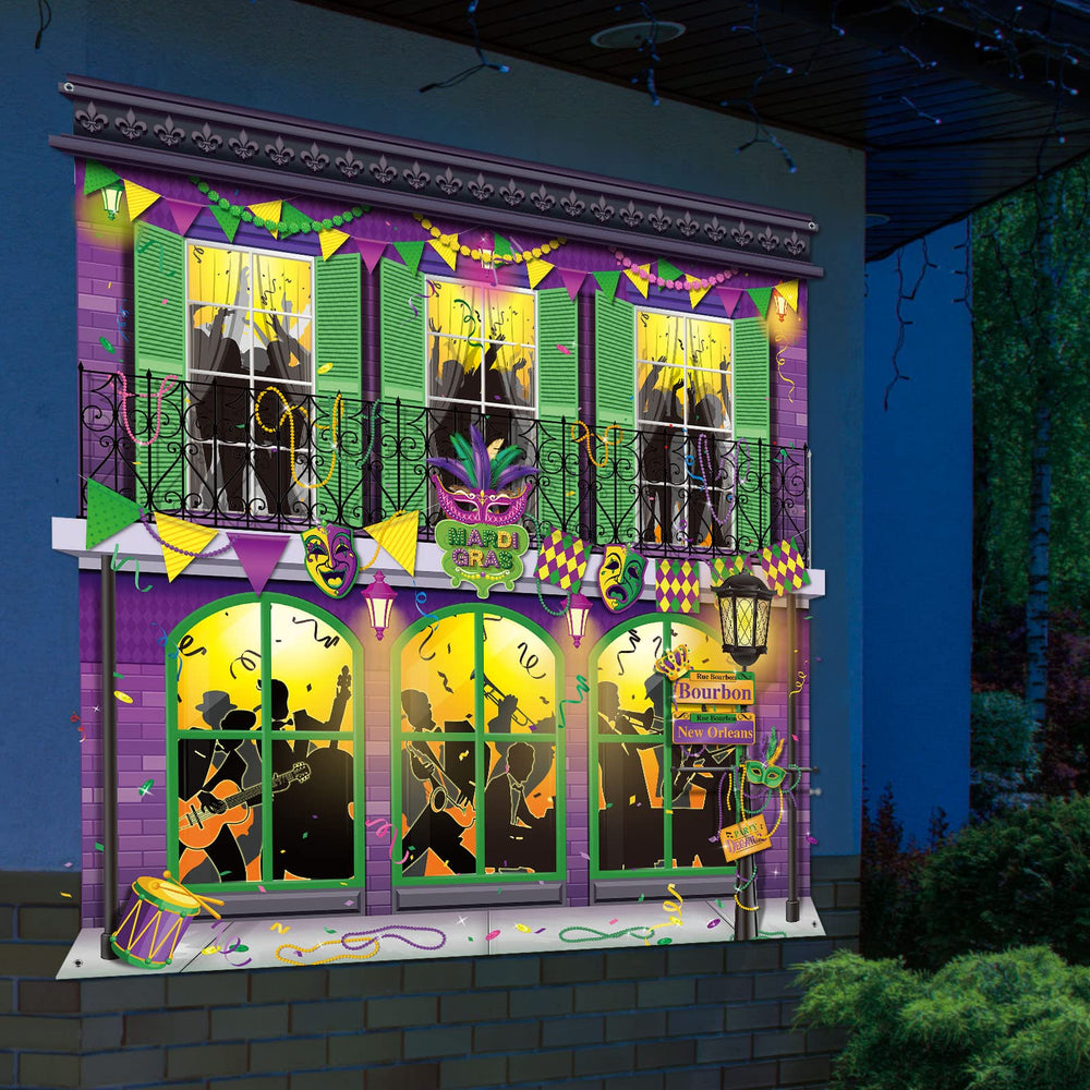 Moukeren Mardi Gras festival colors backdrop adds vibrant ambiance.