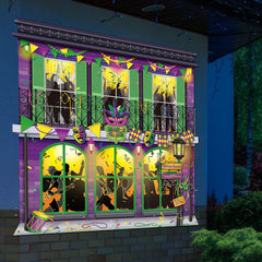 Moukeren Mardi Gras festival colors backdrop adds vibrant ambiance.