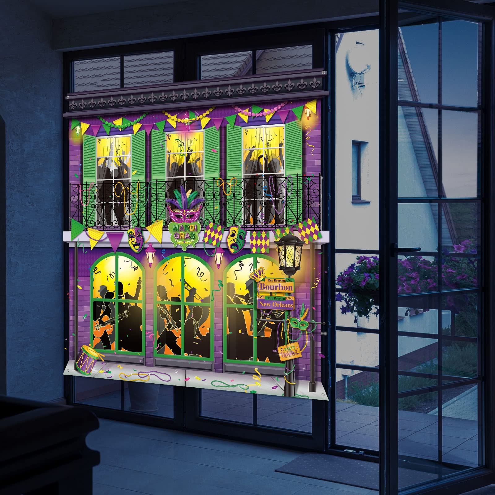 Moukeren Mardi Gras indoor/outdoor backdrop supports quick hanging and reuse.
