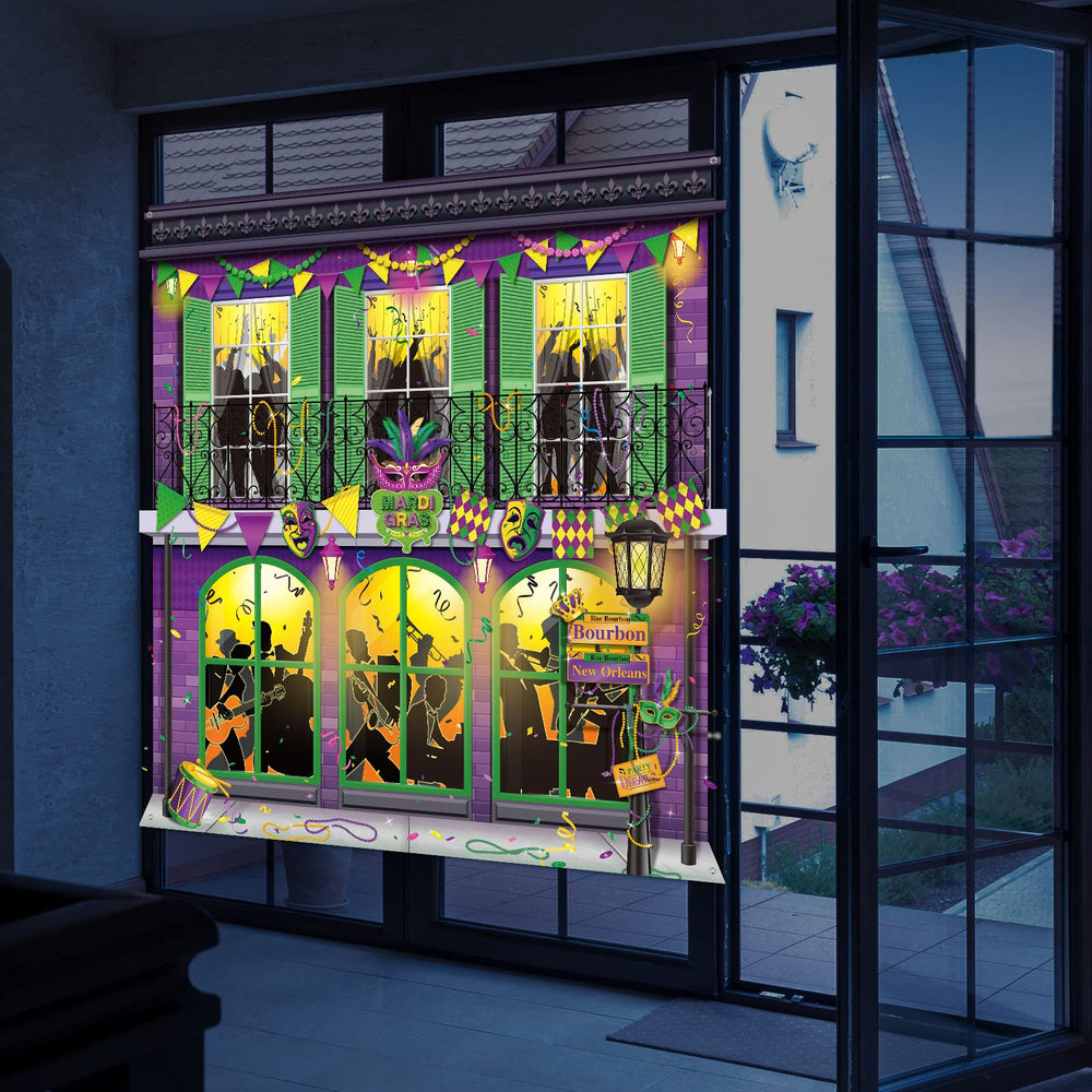 Moukeren Mardi Gras indoor/outdoor backdrop supports quick hanging and reuse.