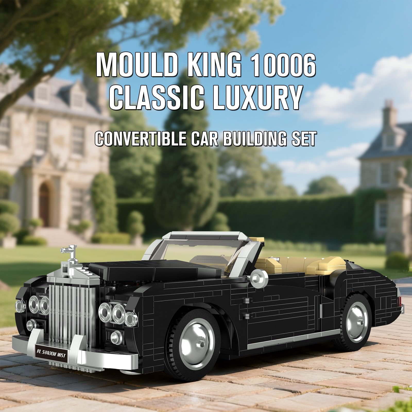 Mould King 10006 classic car hood and engine view highlights functional interior detail.