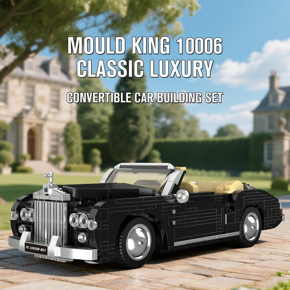 Mould King 10006 classic car hood and engine view highlights functional interior detail.