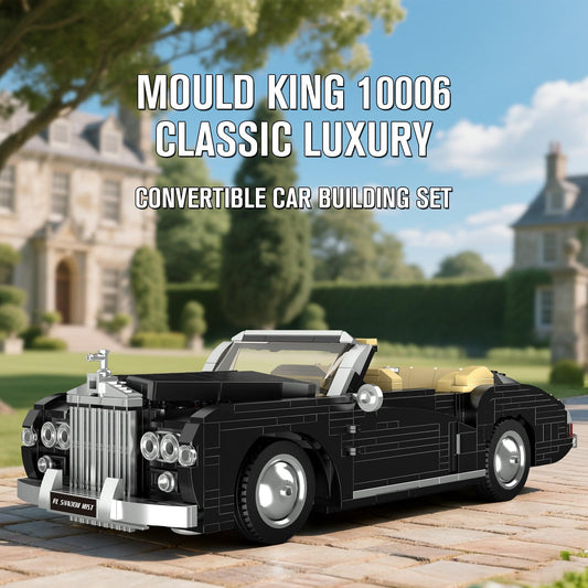 Mould King 10006 classic car hood and engine view highlights functional interior detail.