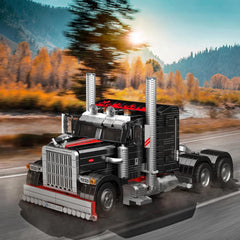 Mould King 10037 semi-truck open doors reveal steering wheel and cabin storage.